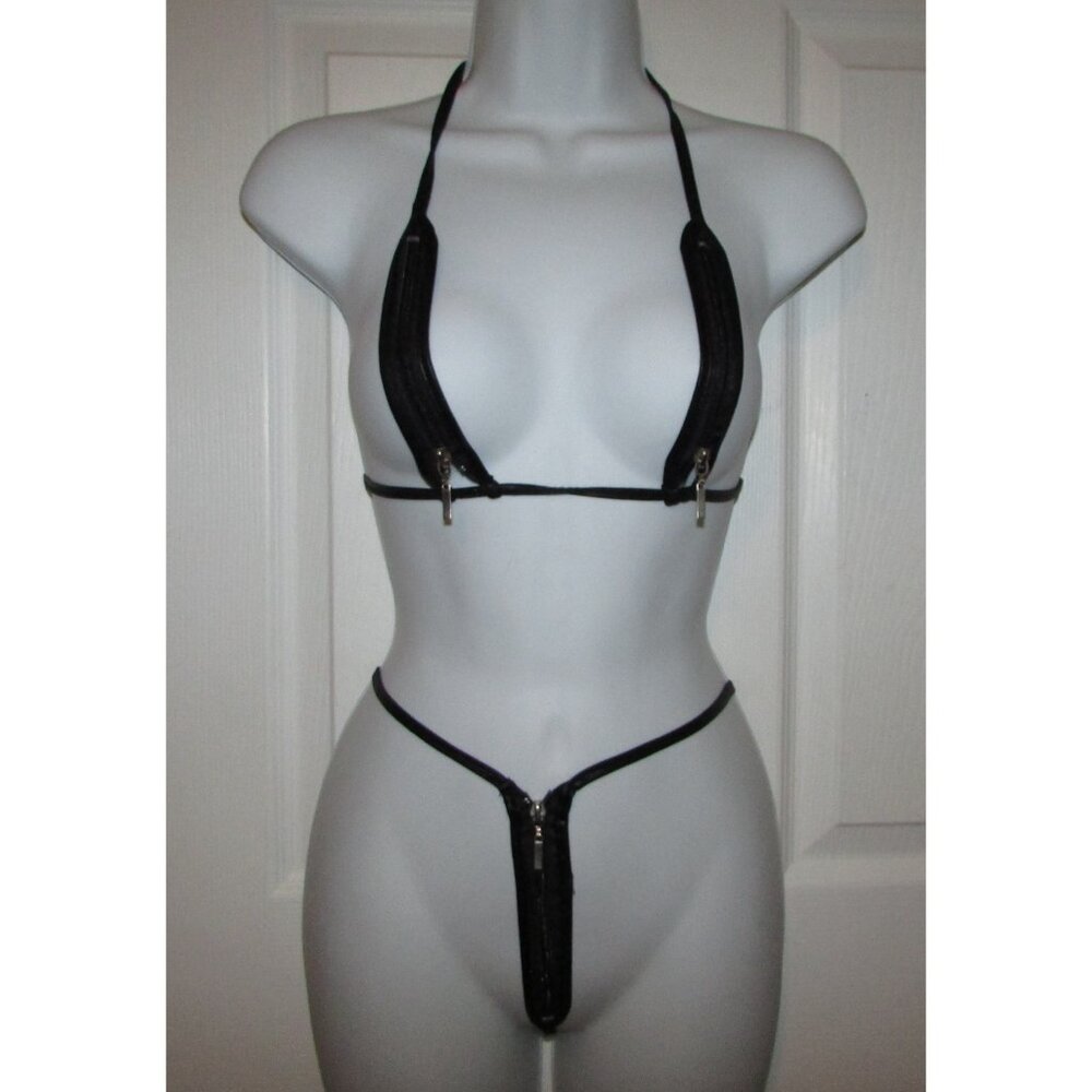 Black Micro Zippered Top Skimpy String Thong Bikini - NEW